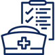 A blue icon of a nurses cap with a medical cross, accompanied by a clipboard featuring checkboxes, symbolizing nurse recruiting.