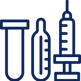 An blue icon of a test tube, thermometer, and syringe