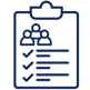 Blue icon of a clipboard with a checklist; three people are depicted above the list.