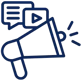 Blue icon of a megaphone with a chat bubble and play button