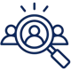 Blue icon of a magnifying glass hovering over three individuals.