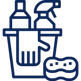 Icon of a bucket with a cleaning spray, bottle, and cloth inside, alongside a sponge. The outline is dark blue.