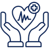 Icon of two hands cupping a heart with a heartbeat line and a medical cross.