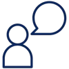 Blue icon of an outline of a person with a speech bubble above their head.