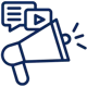 Blue icon of a megaphone with a chat bubble and play button.