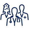 Three simplistic blue line art figures represent medical professionals.
