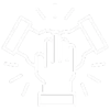 White icon depicting three hands clasped together, symbolizing unity and support.