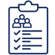 Blue icon of a clipboard with a checklist; three people are depicted above the list.