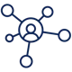 Blue icon connecting five network bubbles, forming a web-like structure with a person in the middle.