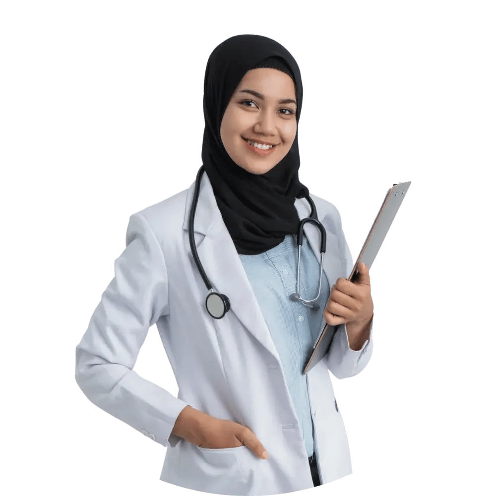 A smiling female doctor in a white coat and black hijab holds a clipboard and wears a stethoscope.