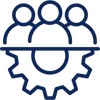 Blue icon of a group of diverse people inside a gear.