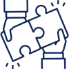Blue icon of two hands holding a puzzle piece, symbolizing collaboration and problem-solving.