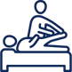 A simple blue line drawing depicts a therapist or trainer assisting a person with a leg stretch on a massage table, suggesting physical therapy or rehabilitation.