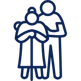 A simple blue line drawing depicts a standing figure supporting an elderly person with a bun holding a cane.