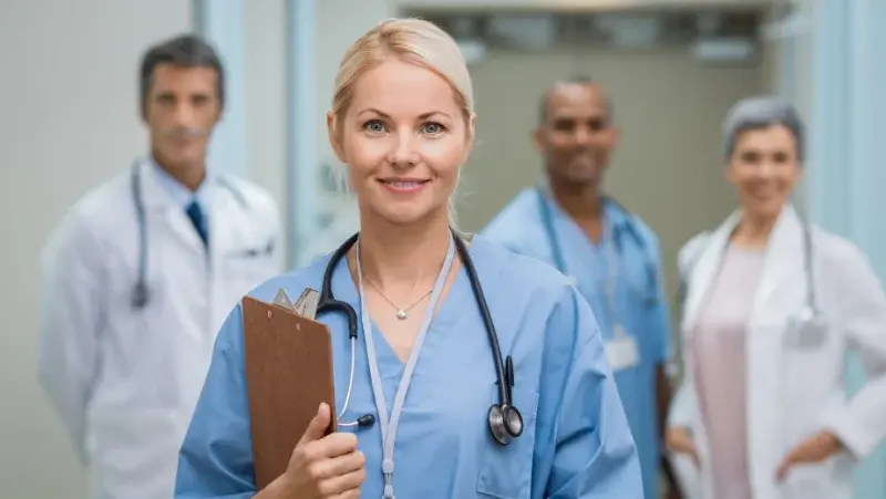 Female doctor with blue uniform and a table in her hands with 3 colleagues on the background in a hospital