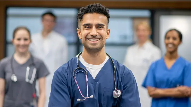 A male nurse smiling at the camera while four colleagues stand behind him in a hospital setting